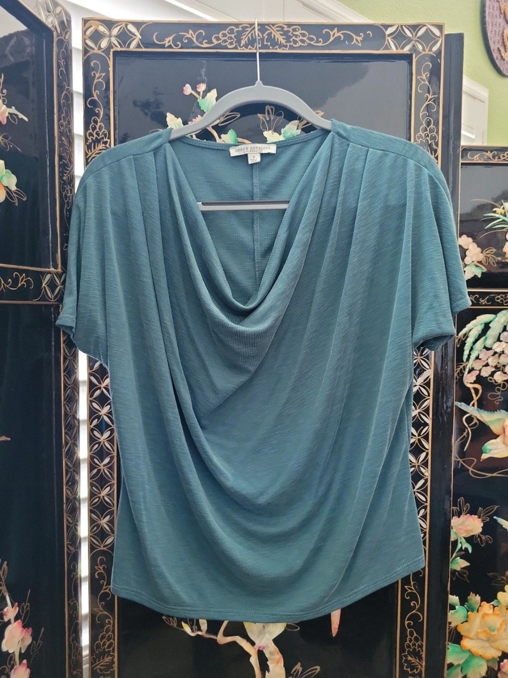 Green Envelope Teal Cowl-Neck Short Sleeve Top